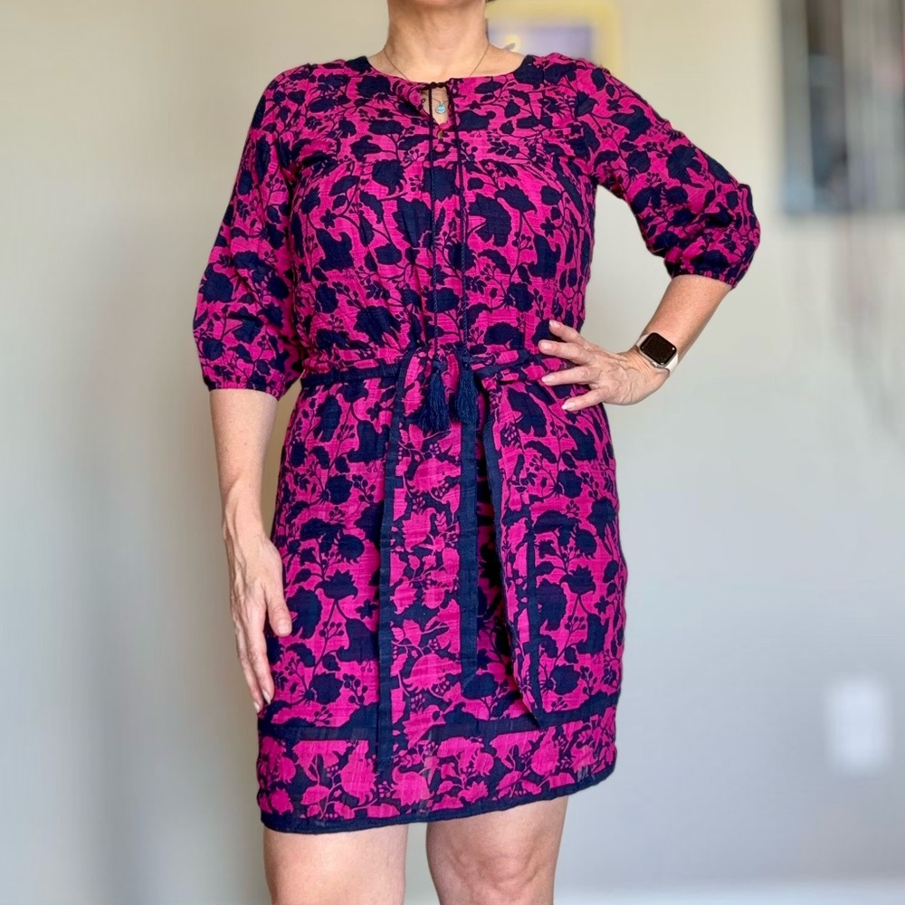 Pink and Navy Floral Tie-Waist Mini Dress